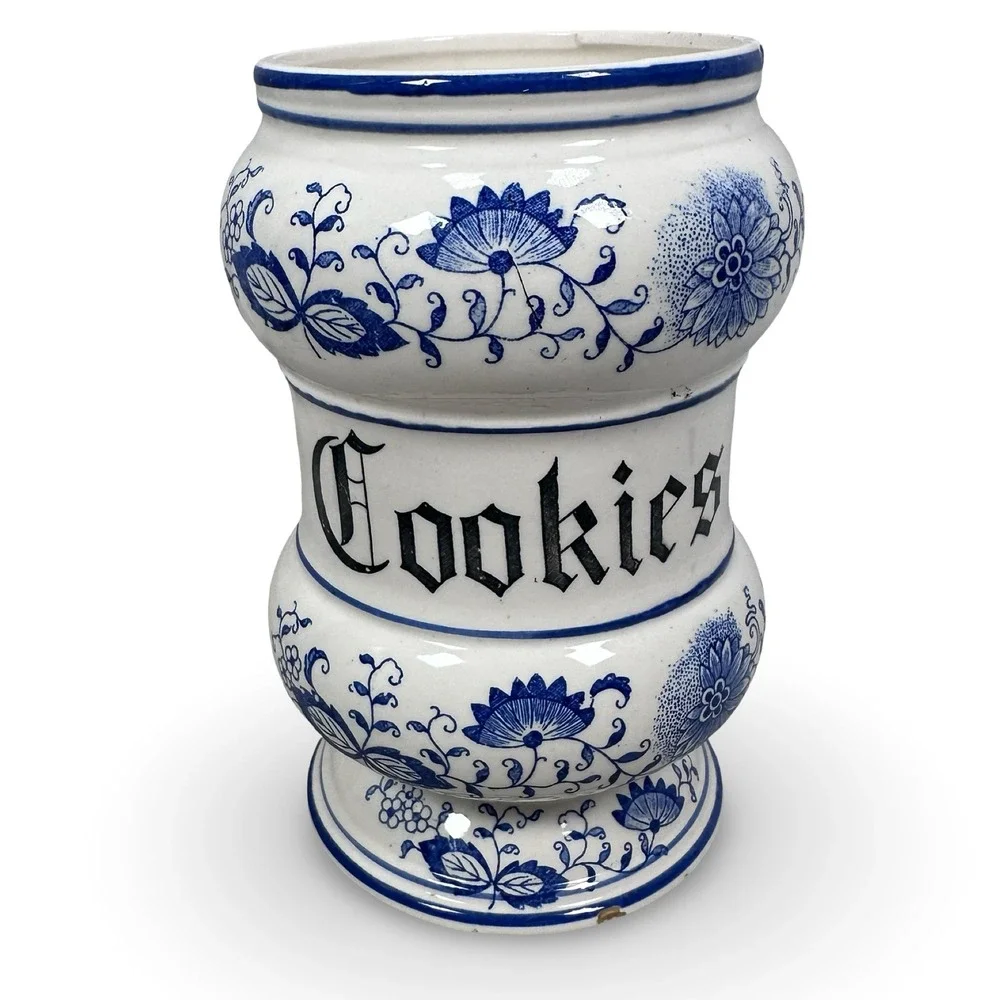 Arnart Blue Onion Cookie Jar Japan Ceramic Blue White Floral Vintage No Lid